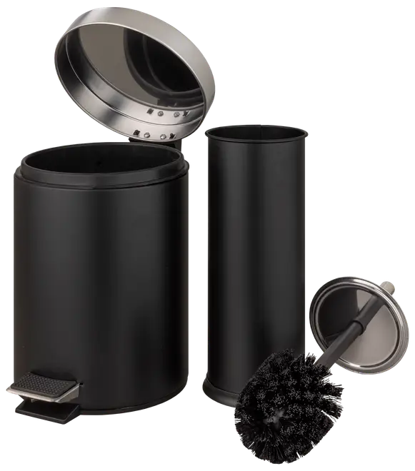 Mat sort badeværelsessæt med pedalspand, toiletbørste med holder og matchende låg. Moderne cylindrisk design, rustfri ståldetaljer, ideel til moderne badeværelser.