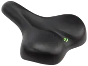 Bred, svart ergonomisk cykelsadel med formad stoppning för komfort, passar stadscykel eller cruiser. Litet grönt logomärke på sidan för varumärkesigenkänning.
