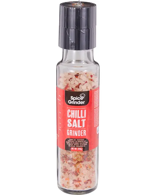 Glasflaske med Spice Grinder Chilli Salt, sort plastkværn, indeholder groft lyserødt salt og røde chiliflager, 225g, ideel til krydring af mad med stærk smag.