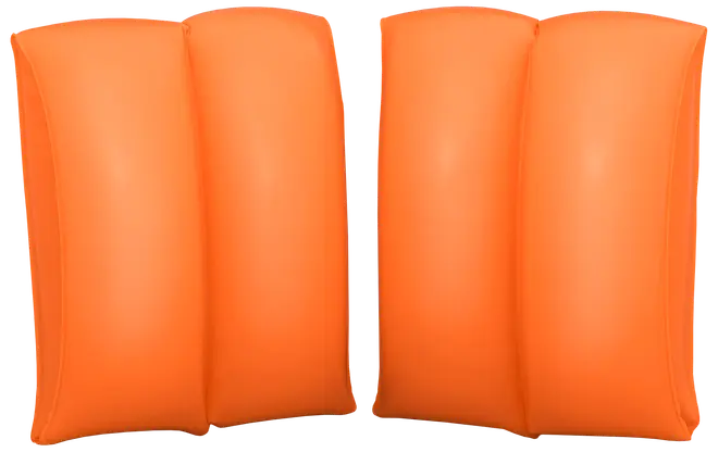 Sæt med orange oppustelige svømmevinger med to luftkamre pr. vinge for ekstra sikkerhed. Lavet af slidstærkt, glat plastmateriale. Velegnet til børn, der lærer at svømme.