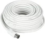 Vit koaxialkabel på rulle med F-hane-kontakt, passar för TV- eller internetanslutning. Tålig isolering, märkt med specifikationer, perfekt för hem eller kontor.