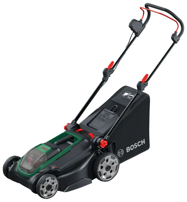 Bosch batteridrevet plæneklipper med sort og grøn krop, store baghjul, justerbart håndtag og græsopsamler bagpå. Let, nem at manøvrere, ideel til mellemstore haver.