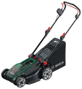 Bosch batteridrevet plæneklipper med sort og grøn krop, store baghjul, justerbart håndtag og græsopsamler bagpå. Let, nem at manøvrere, ideel til mellemstore haver.