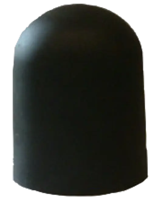 Sort gummi endekappe med rund top, designet til at passe over rør eller stænger for beskyttelse og sikkerhed. Holdbart, fleksibelt materiale til indendørs og udendørs brug.