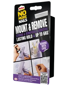 Pattex No More Nails Mount & Remove lim, stærkt og aftageligt, holder op til 6 kg, egnet til mange overflader, nem at påføre og fjerne, vandafvisende, tubeemballage.