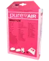 Förpackning med PureAir dammsugarpåsar för Miele F/J/M-modeller, innehåller 4 påsar och 1 filter, kompatibel med flera Miele och Hoover dammsugare, rosa förpackning med produktinformation.