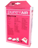 Förpackning med PureAir dammsugarpåsar för Miele F/J/M-modeller, innehåller 4 påsar och 1 filter, kompatibel med flera Miele och Hoover dammsugare, rosa förpackning med produktinformation.