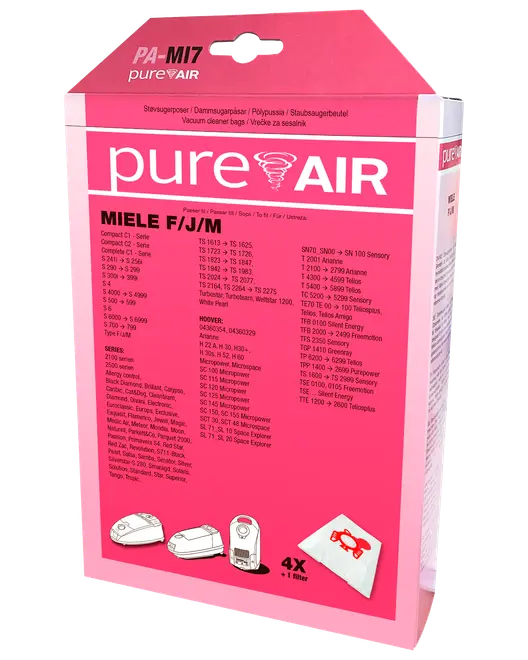 Förpackning med PureAir dammsugarpåsar för Miele F/J/M-modeller, innehåller 4 påsar och 1 filter, kompatibel med flera Miele och Hoover dammsugare, rosa förpackning med produktinformation.