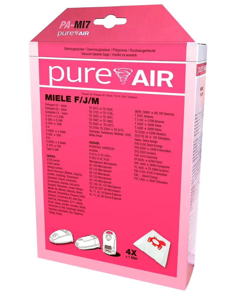 Förpackning med PureAir dammsugarpåsar för Miele F/J/M-modeller, innehåller 4 påsar och 1 filter, kompatibel med flera Miele och Hoover dammsugare, rosa förpackning med produktinformation.