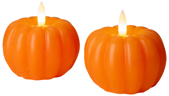Set med två orange pumpaformade ljus med realistisk lågeffekt. Varje ljus har räfflad yta och stark färg, perfekt för höst- eller Halloween-dekoration.