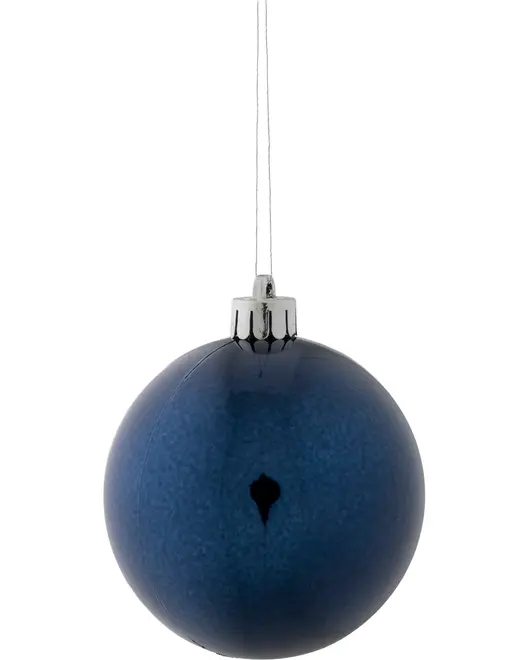 Mørkeblå, blank julekugle med sølvtop og ophængssnor. Glat overflade, reflekterende finish, ideel til juletræspynt. Enkel, elegant og moderne design.