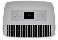 Vit avfuktare med digital display, kontrollknappar för ström, timer och inställningar samt främre luftventil. Modern design, passar hem eller kontor.