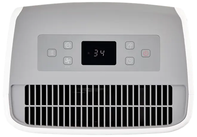 Vit avfuktare med digital display, kontrollknappar för ström, timer och inställningar samt främre luftventil. Modern design, passar hem eller kontor.