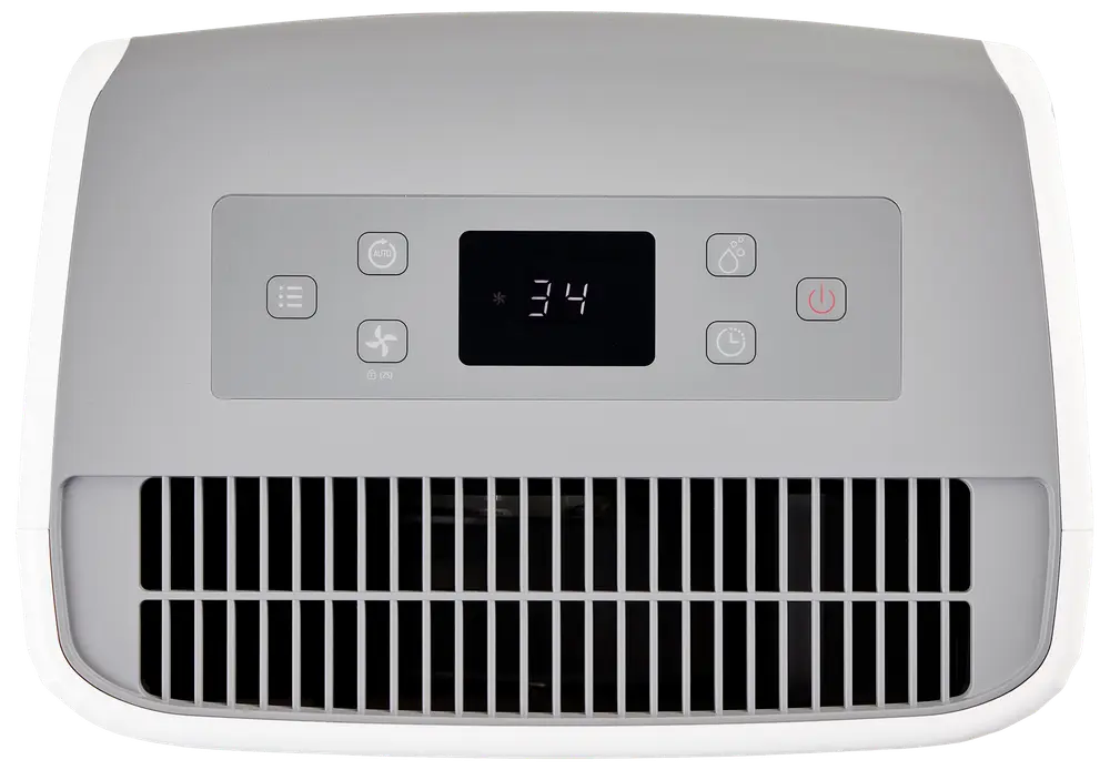 Vit avfuktare med digital display, kontrollknappar för ström, timer och inställningar samt främre luftventil. Modern design, passar hem eller kontor.