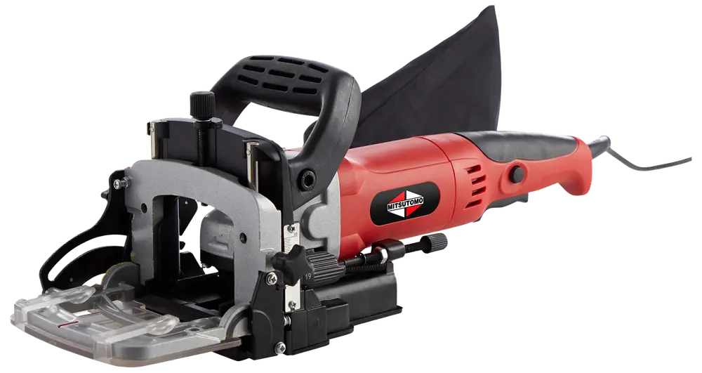 Rød og sort elektrisk lamelfræser med ergonomisk håndtag, justerbar anslag, støvpose og gennemsigtig bundplade til præcise samlinger. Ledningsdrevet for konstant strøm.