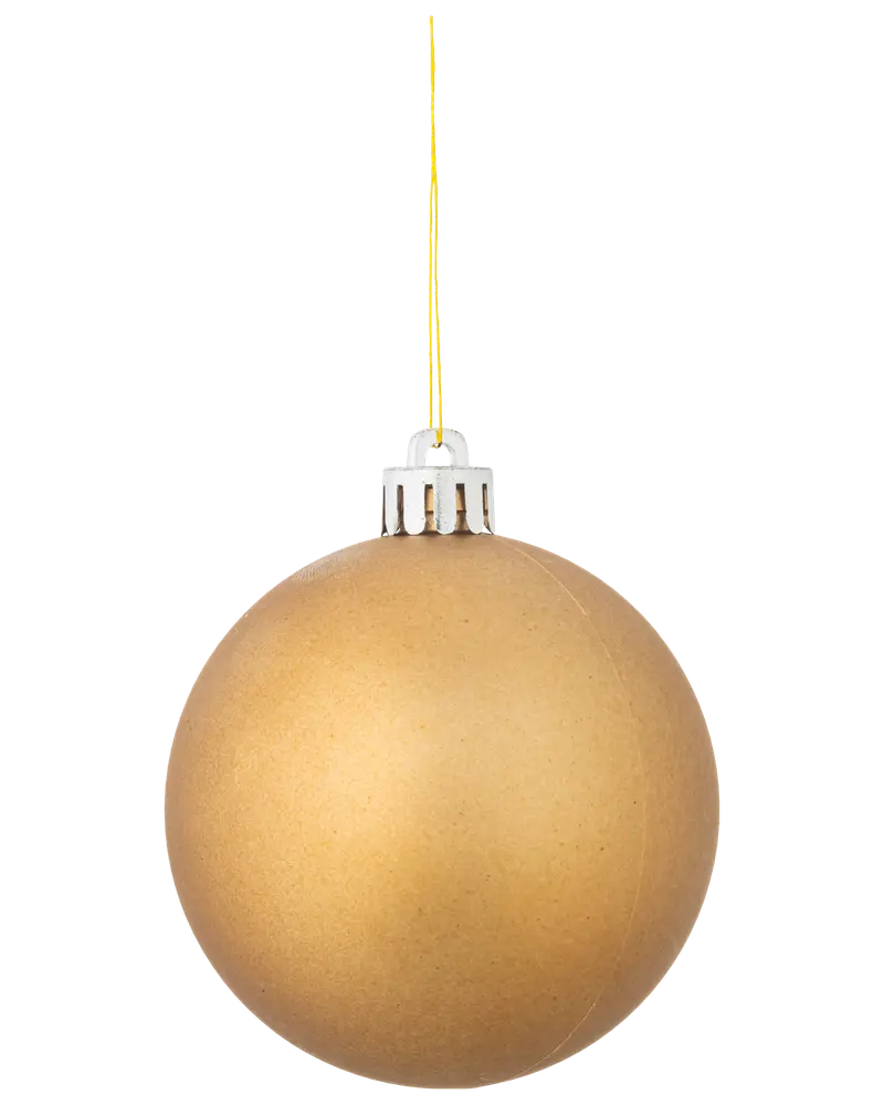 Rund, matt guldfärgad julgranskula med slät yta, silverfärgad topp och gul upphängningstråd. Perfekt för juldekoration. Enkel och klassisk design.