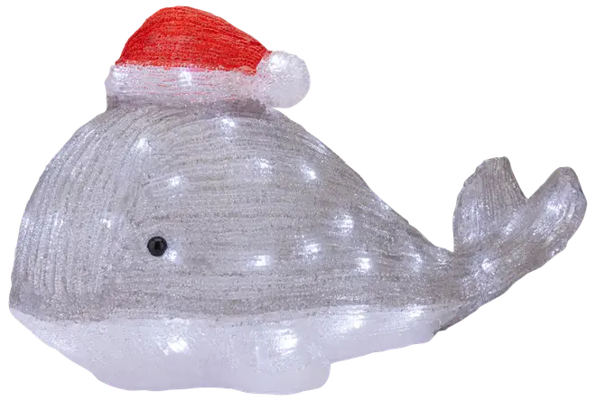 Gennemsigtig akryl-hvaldekoration med rød julemandshat, lille sort øje og gennemsigtig hale.