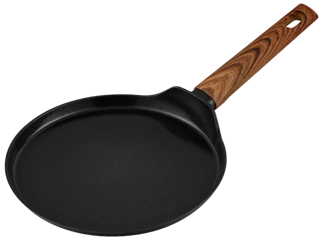 Rund sort non-stick tawa-pande med flad stegeflade og hævet kant, udstyret med langt ergonomisk træhåndtag. Perfekt til pandekager, crepes eller fladbrød.