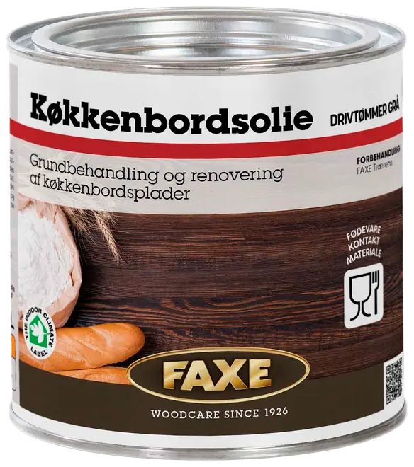 En-liters dåse Faxe køkkenbordsolie til grundbehandling og renovering af køkkenbordplader. Velegnet til fødevarekontakt. Grå nuance, metalbeholder med tætsluttende låg.