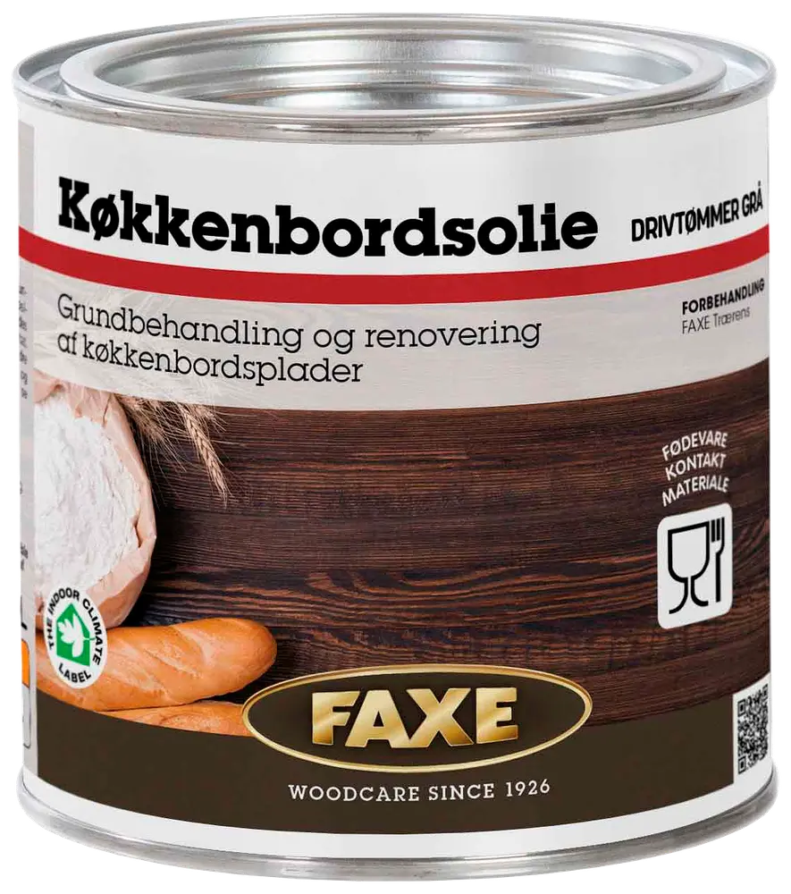 En-liters dåse Faxe køkkenbordsolie til grundbehandling og renovering af køkkenbordplader. Velegnet til fødevarekontakt. Grå nuance, metalbeholder med tætsluttende låg.