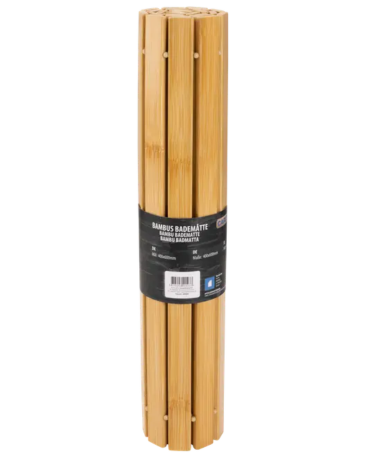 Rullet bambus bademåtte, naturtræfarve, lameldesign for vandafløb, sort etiket, størrelse 400x600mm, miljøvenlig og velegnet til badeværelset.