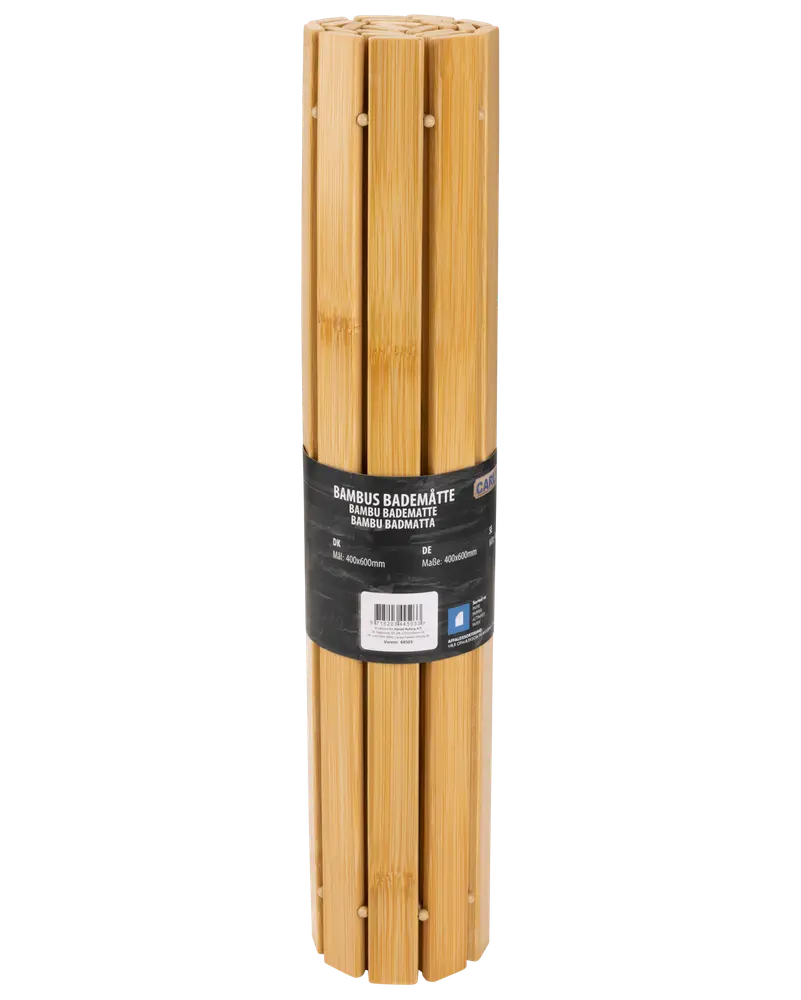 Rullad bambubadrumsmatta, naturträfärg, ribbad design för vattenavrinning, svart etikett, storlek 400x600mm, miljövänlig och lämplig för badrum.