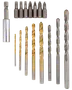Set med borr och skruvbits i olika storlekar, med både guld- och silverfinish. Passar för borrning och skruvning. Adapter för elverktyg ingår.