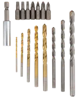 Sæt med bor og skruetrækkerbits i forskellige størrelser, både i guld- og sølvfinish. Velegnet til boring og skruning. Inkluderer adapter til elværktøj.