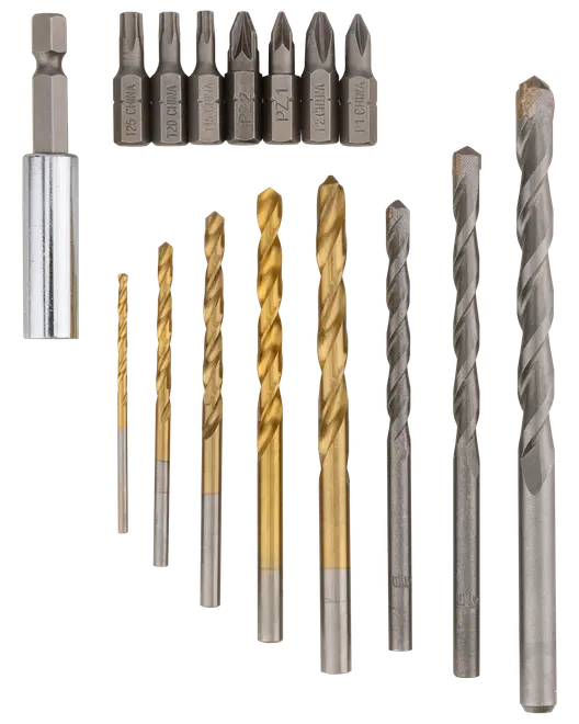 Set med borr och skruvbits i olika storlekar, med både guld- och silverfinish. Passar för borrning och skruvning. Adapter för elverktyg ingår.
