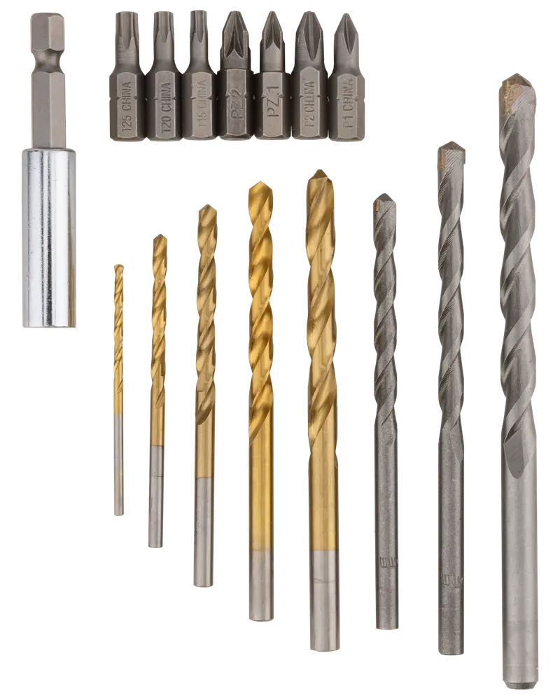 Sæt med bor og skruetrækkerbits i forskellige størrelser, både i guld- og sølvfinish. Velegnet til boring og skruning. Inkluderer adapter til elværktøj.