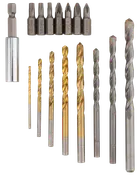 Sæt med bor og skruetrækkerbits i forskellige størrelser, både i guld- og sølvfinish. Velegnet til boring og skruning. Inkluderer adapter til elværktøj.