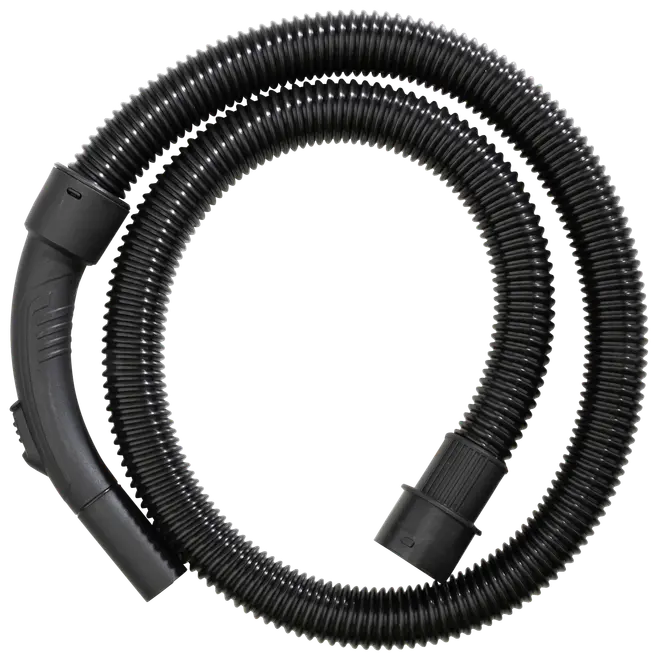 Flexibel svart dammsugarslang med räfflad yta, ergonomiskt böjt handtag och anslutningsändar för enkel montering. Tillverkad i slitstark plast för långvarig användning.