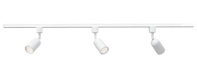Hvidt skinnespot med tre justerbare cylindriske spotlamper monteret på en lang, lige skinne.