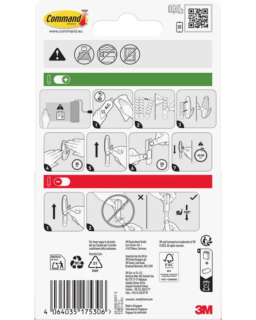 Bagside af Command Brand klæbekrog emballage med trin-for-trin illustrationer, sikkerhedsadvarsler og produktinformation. Indeholder stregkode og 3M-logo nederst.