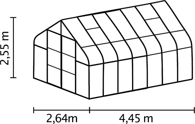 Rektangulärt växthus med sadeltak, genomskinliga paneler och svart ram. Mått: 2,64 m brett, 4,45 m långt, 2,55 m högt.
