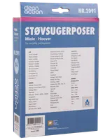 Pakke med Clean Action støvsugerposer, model NR.2091, passer til Miele og Hoover. Indeholder 4 poser. Kompatibilitetsliste med modeller på emballagen.