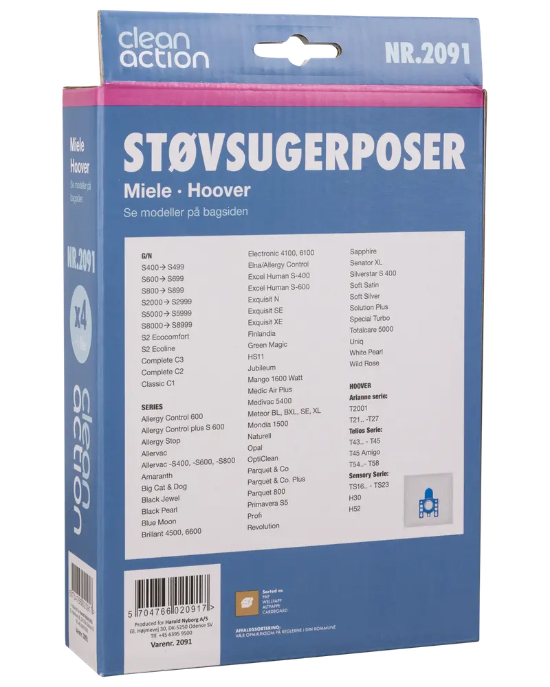 Pakke med Clean Action støvsugerposer, model NR.2091, passer til Miele og Hoover. Indeholder 4 poser. Kompatibilitetsliste med modeller på emballagen.