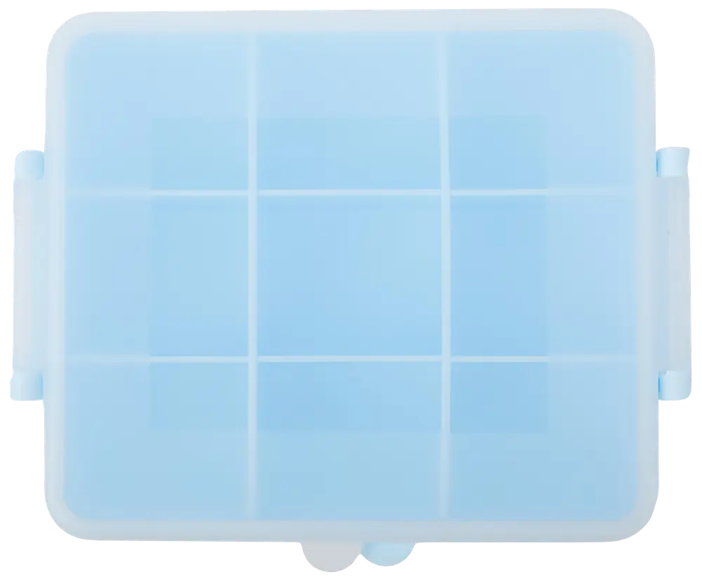 Fyrkantig blå plastförvaringslåda med genomskinligt lock, nio inre fack och säkra sidospännen för organisering av småsaker som pärlor, piller eller pysselmaterial.