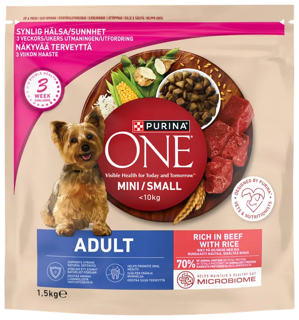 Purina ONE Mini/Small Adult hundefoder, 1,5 kg pose, rig på oksekød med ris, til hunde under 10 kg. Støtter immunforsvar, mundsundhed og sund tarm.