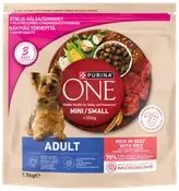 Purina ONE Mini/Small Adult hundefoder, 1,5 kg pose, rig på oksekød med ris, til hunde under 10 kg. Støtter immunforsvar, mundsundhed og sund tarm.
