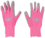 Ett par rosa trädgårdshandskar för barn med grå gummibelagda handflator och fingrar, elastiska muddar och "byKIDS"-logga på ovansidan. För komfort och skydd utomhus.