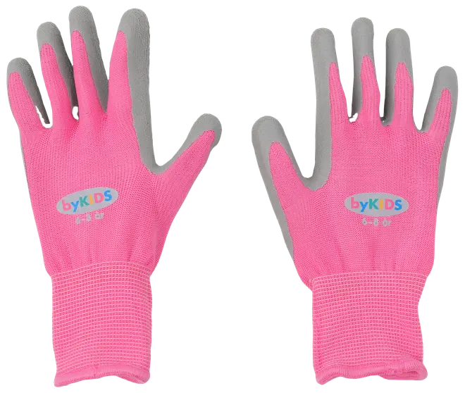 Ett par rosa trädgårdshandskar för barn med grå gummibelagda handflator och fingrar, elastiska muddar och "byKIDS"-logga på ovansidan. För komfort och skydd utomhus.
