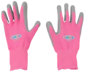 Ett par rosa trädgårdshandskar för barn med grå gummibelagda handflator och fingrar, elastiska muddar och "byKIDS"-logga på ovansidan. För komfort och skydd utomhus.