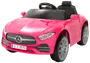 Lyserød elbil til børn, designet som en Mercedes-Benz, med realistisk frontgitter, forlygter, sort sæde, rat og sølvfarvede hjul. Til indendørs og udendørs leg.
