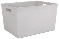 Rektangulär vit plastkorg med flätad struktur, öppen ovansida och inbyggda handtag på sidorna. Perfekt för förvaring av hushållsartiklar eller tvätt.