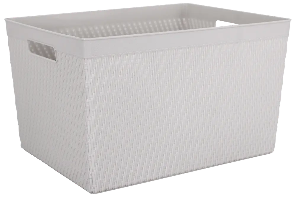 Rektangulär vit plastkorg med flätad struktur, öppen ovansida och inbyggda handtag på sidorna. Perfekt för förvaring av hushållsartiklar eller tvätt.