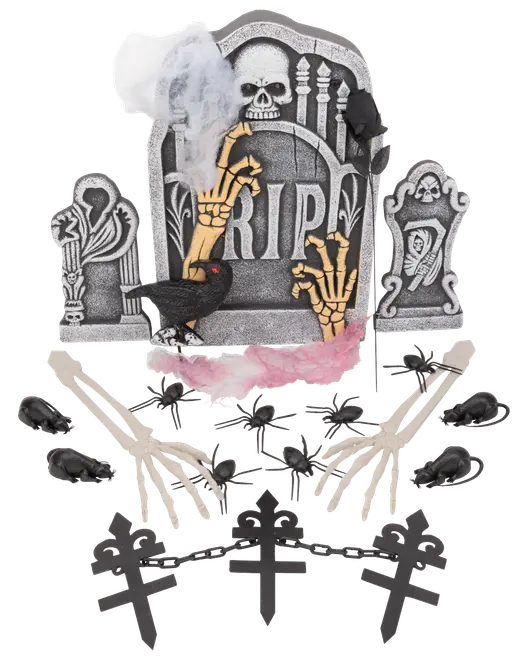 Halloween kyrkogårdsdekorationsset med gravstenar, skelett-händer, svarta kors, råttor, spindlar, en svart kråka och konstgjorda spindelväv. Tillverkad av plast och skum.