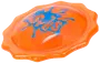 Klarorange vattenleksak i plast med vågig kant och blå "SPLASH"-text. Perfekt för utomhuslekar, lätt att greppa och kasta för rolig aktivitet.