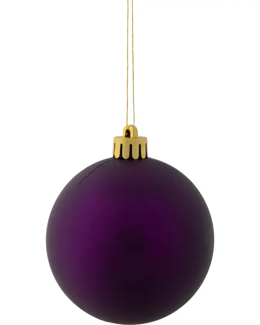 Mat lilla julekugle med blankt guldlåg og ophængssnor, enkel og elegant, ideel til juletræspynt eller dekorationer.