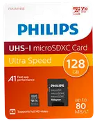 Philips UHS-I microSDXC-minneskort, 128 GB, Ultra Speed, med adapter, upp till 80 MB/s, A1-app-prestanda, stöder Full HD-video.